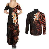 New Zealand Tuatara Plumeria Couples Matching Summer Maxi Dress and Long Sleeve Button Shirt Maori Orange Koru Tribal Tattoo