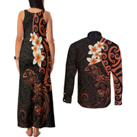 New Zealand Tuatara Plumeria Couples Matching Tank Maxi Dress and Long Sleeve Button Shirt Maori Orange Koru Tribal Tattoo