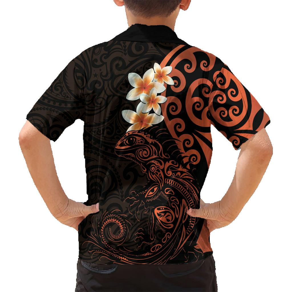 New Zealand Tuatara Plumeria Family Matching Long Sleeve Bodycon Dress and Hawaiian Shirt Maori Orange Koru Tribal Tattoo