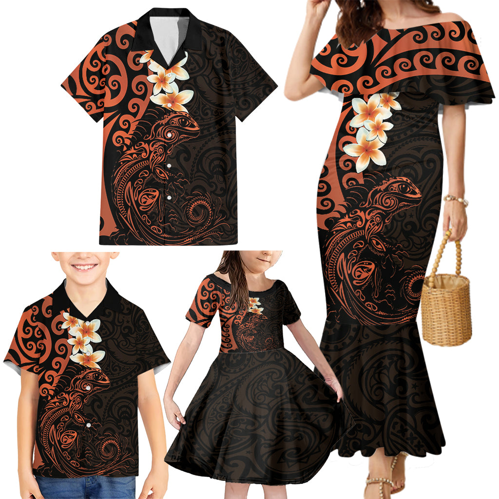 New Zealand Tuatara Plumeria Family Matching Mermaid Dress and Hawaiian Shirt Maori Orange Koru Tribal Tattoo