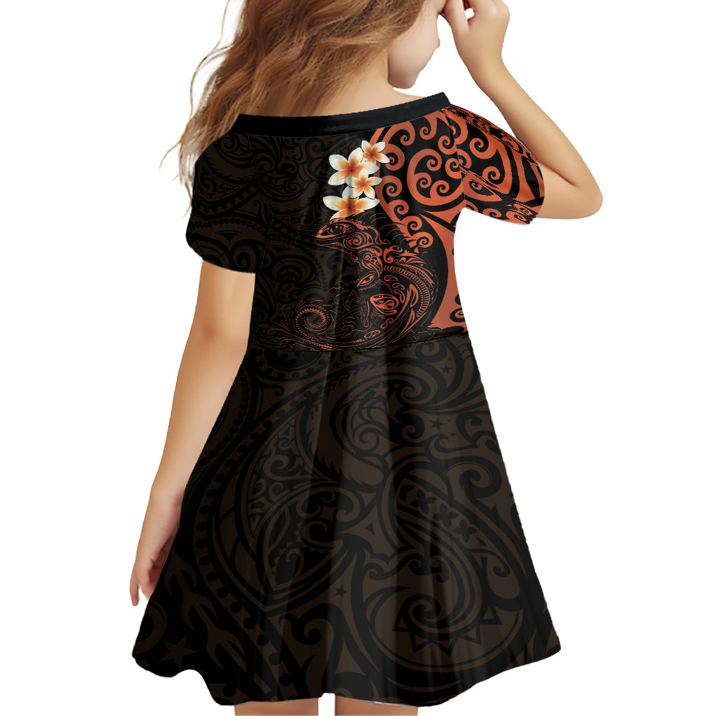 New Zealand Tuatara Plumeria Family Matching Tank Maxi Dress and Hawaiian Shirt Maori Orange Koru Tribal Tattoo