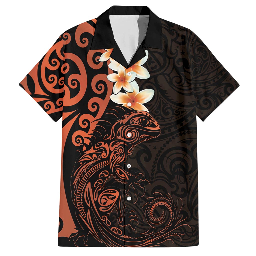New Zealand Tuatara Plumeria Hawaiian Shirt Maori Orange Koru Tribal Tattoo LT01 Orange - Polynesian Pride