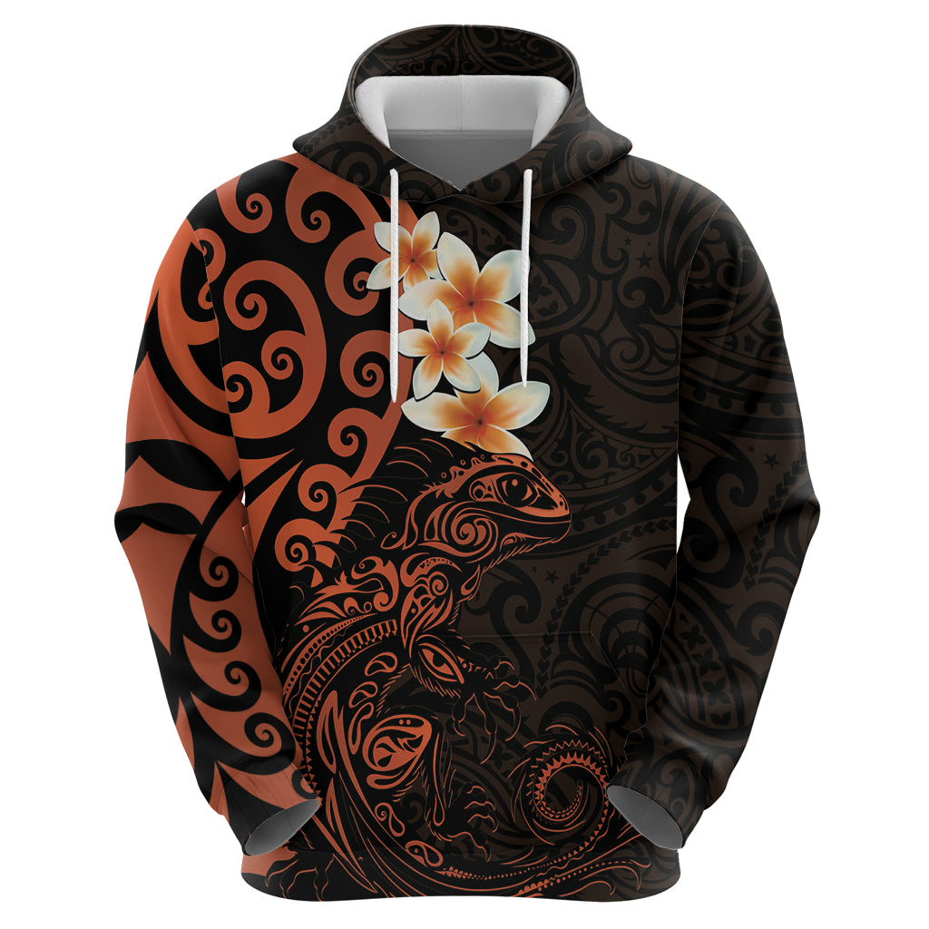 New Zealand Tuatara Plumeria Hoodie Maori Orange Koru Tribal Tattoo