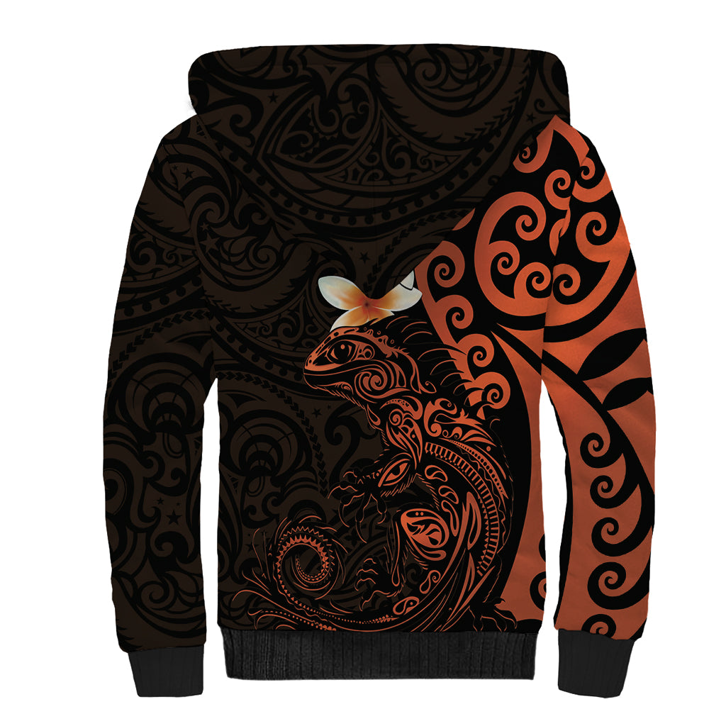 New Zealand Tuatara Plumeria Sherpa Hoodie Maori Orange Koru Tribal Tattoo