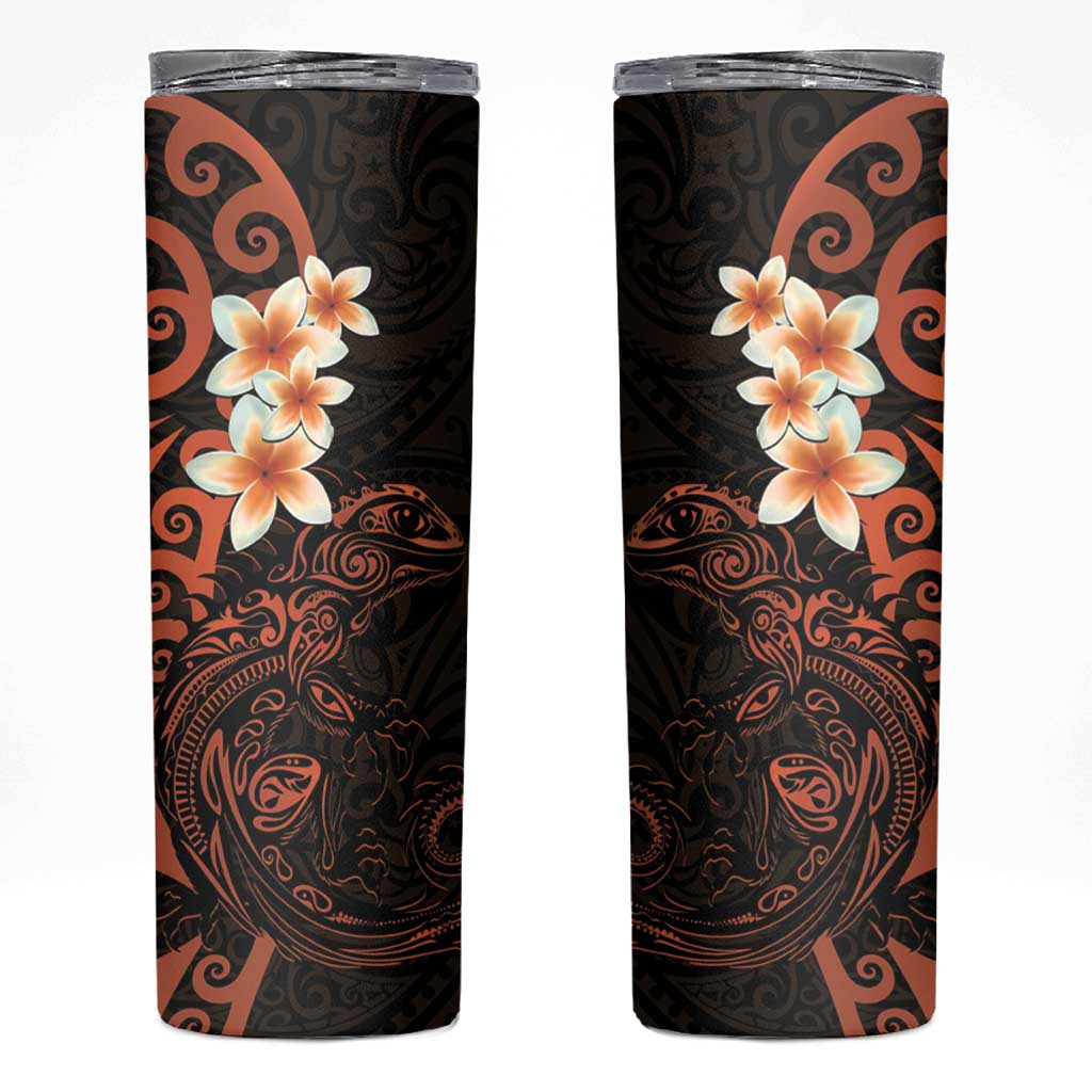 New Zealand Tuatara Plumeria Skinny Tumbler Maori Orange Koru Tribal Tattoo