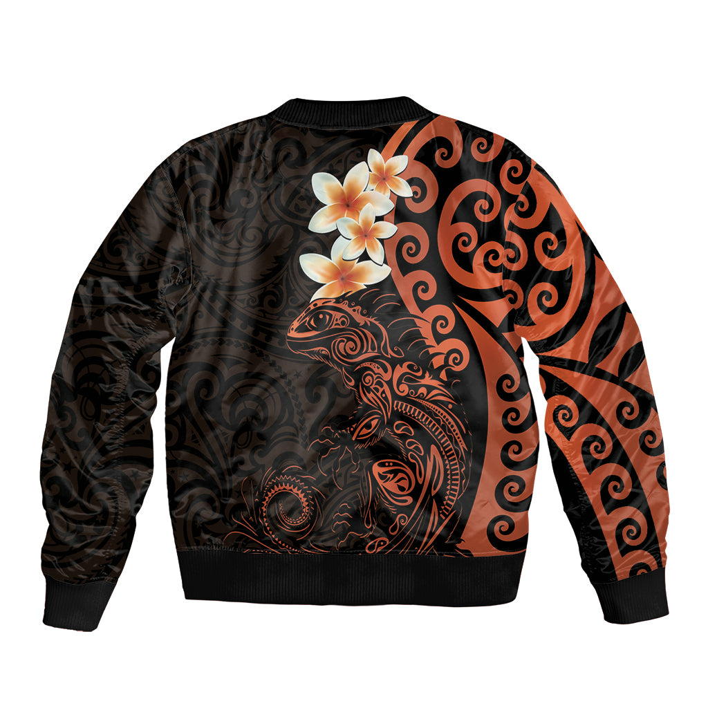 New Zealand Tuatara Plumeria Sleeve Zip Bomber Jacket Maori Orange Koru Tribal Tattoo