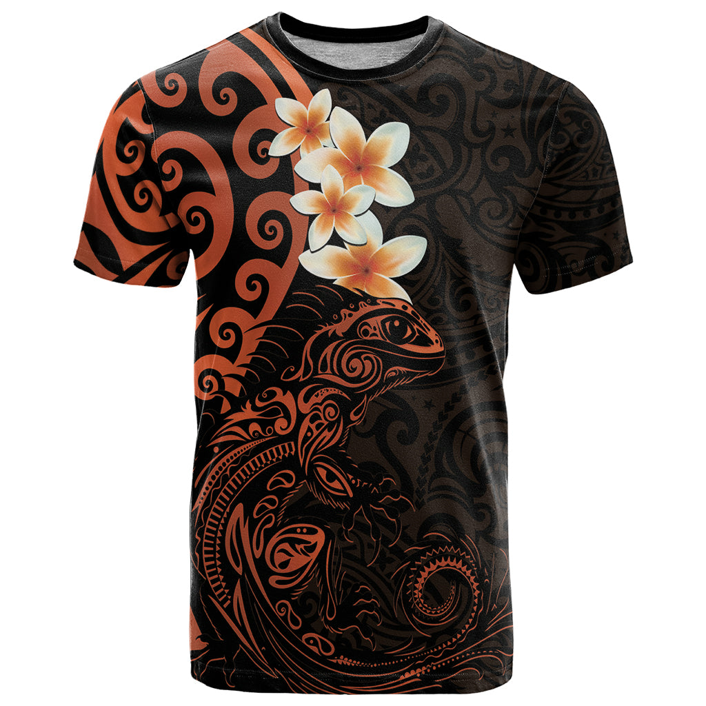 New Zealand Tuatara Plumeria T Shirt Maori Orange Koru Tribal Tattoo LT01 Orange - Polynesian Pride
