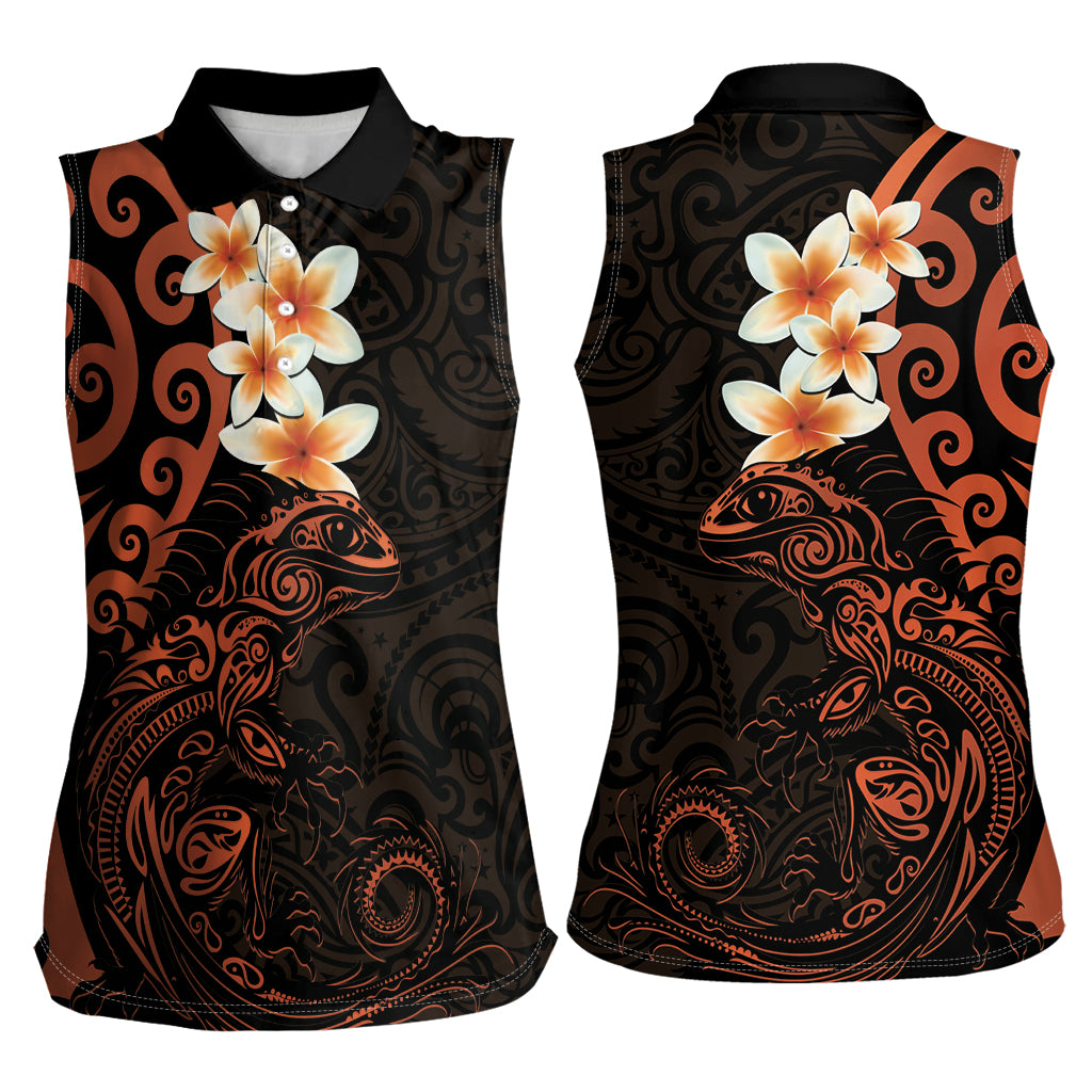 New Zealand Tuatara Plumeria Women Sleeveless Polo Shirt Maori Orange Koru Tribal Tattoo
