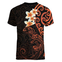 New Zealand Tuatara Plumeria Women V-Neck T-Shirt Maori Orange Koru Tribal Tattoo