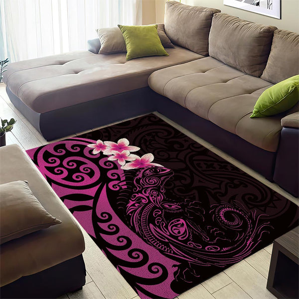 New Zealand Tuatara Plumeria Area Rug Maori Pink Koru Tribal Tattoo LT01