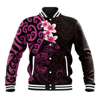 New Zealand Tuatara Plumeria Baseball Jacket Maori Pink Koru Tribal Tattoo