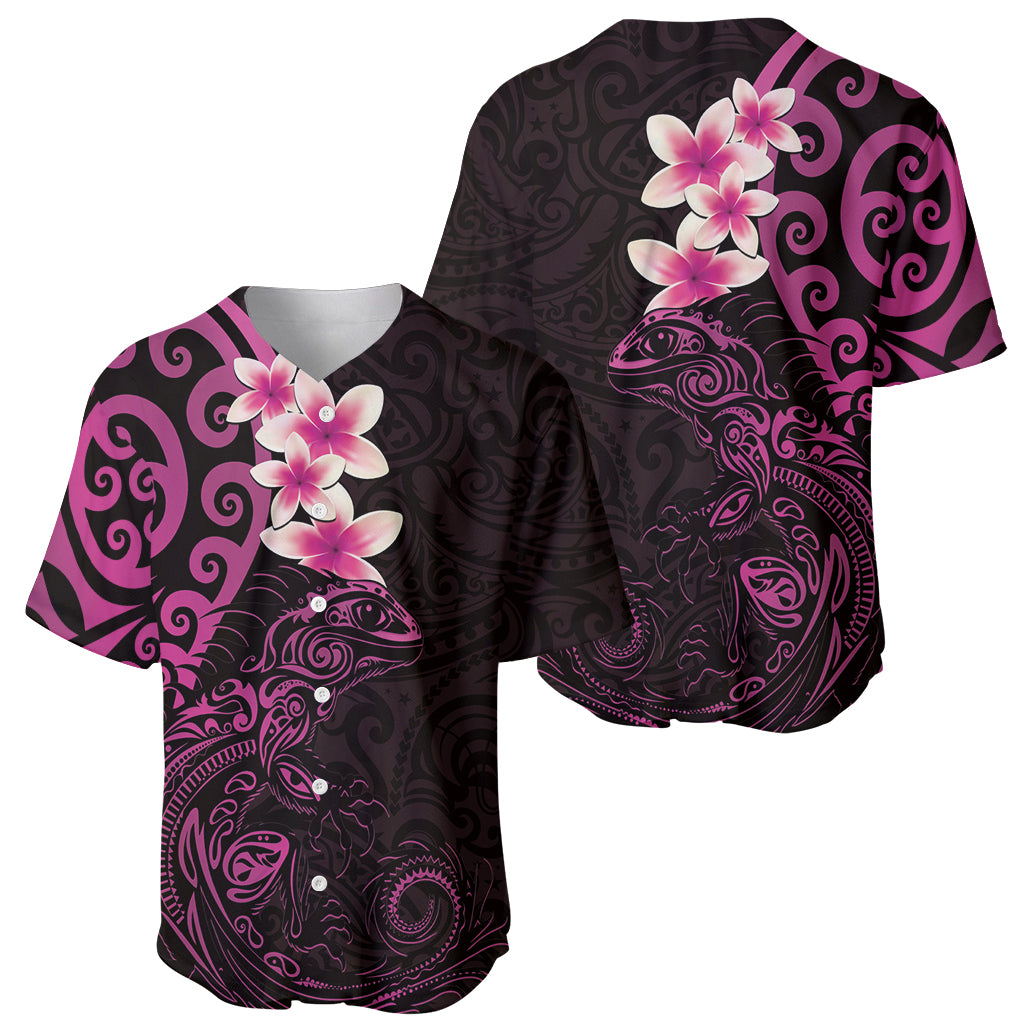 New Zealand Tuatara Plumeria Baseball Jersey Maori Pink Koru Tribal Tattoo