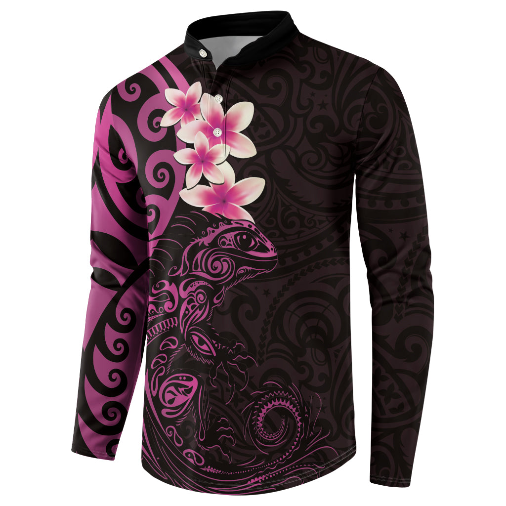 New Zealand Tuatara Plumeria Button Sweatshirt Maori Pink Koru Tribal Tattoo