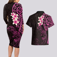 New Zealand Tuatara Plumeria Couples Matching Long Sleeve Bodycon Dress and Hawaiian Shirt Maori Pink Koru Tribal Tattoo