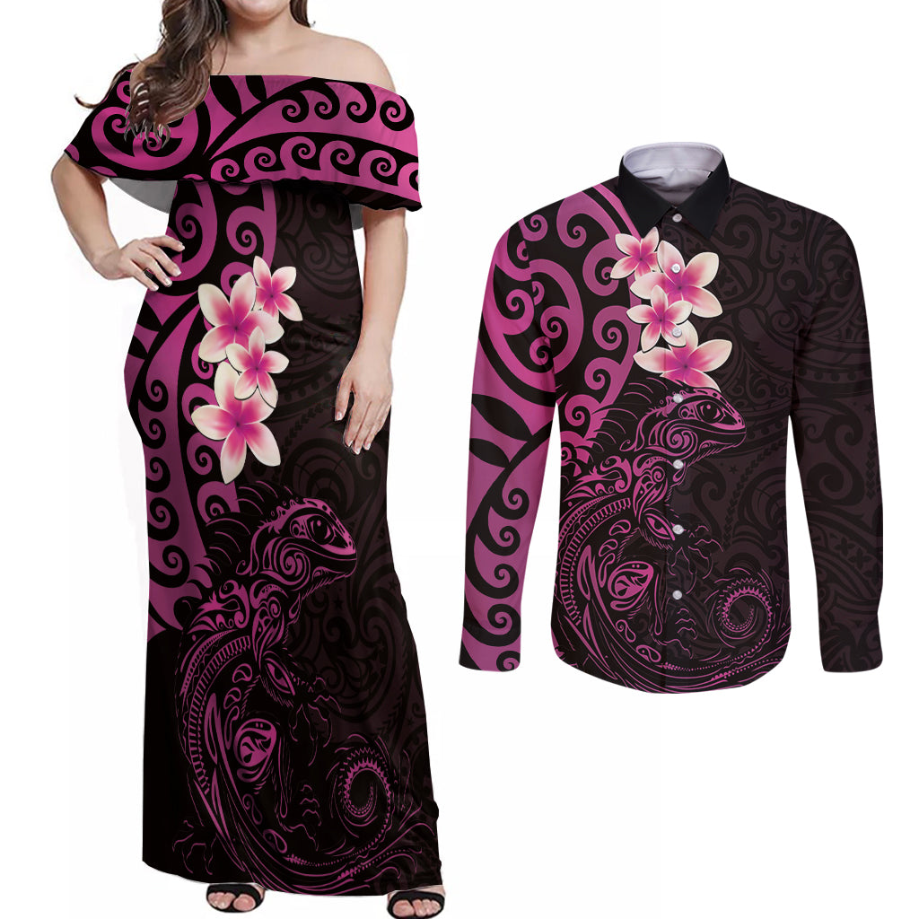 New Zealand Tuatara Plumeria Couples Matching Off Shoulder Maxi Dress and Long Sleeve Button Shirt Maori Pink Koru Tribal Tattoo