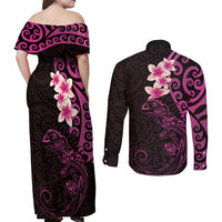 New Zealand Tuatara Plumeria Couples Matching Off Shoulder Maxi Dress and Long Sleeve Button Shirt Maori Pink Koru Tribal Tattoo