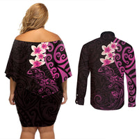New Zealand Tuatara Plumeria Couples Matching Off Shoulder Short Dress and Long Sleeve Button Shirt Maori Pink Koru Tribal Tattoo