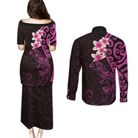New Zealand Tuatara Plumeria Couples Matching Puletasi and Long Sleeve Button Shirt Maori Pink Koru Tribal Tattoo