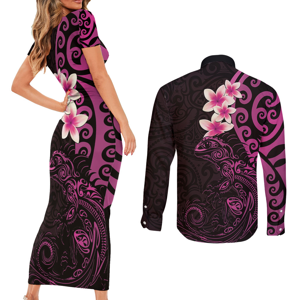 New Zealand Tuatara Plumeria Couples Matching Short Sleeve Bodycon Dress and Long Sleeve Button Shirt Maori Pink Koru Tribal Tattoo