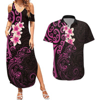 New Zealand Tuatara Plumeria Couples Matching Summer Maxi Dress and Hawaiian Shirt Maori Pink Koru Tribal Tattoo