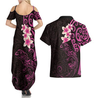 New Zealand Tuatara Plumeria Couples Matching Summer Maxi Dress and Hawaiian Shirt Maori Pink Koru Tribal Tattoo