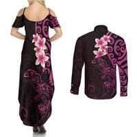 New Zealand Tuatara Plumeria Couples Matching Summer Maxi Dress and Long Sleeve Button Shirt Maori Pink Koru Tribal Tattoo