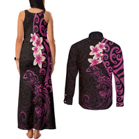 New Zealand Tuatara Plumeria Couples Matching Tank Maxi Dress and Long Sleeve Button Shirt Maori Pink Koru Tribal Tattoo