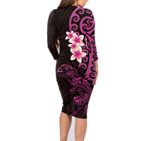 New Zealand Tuatara Plumeria Family Matching Long Sleeve Bodycon Dress and Hawaiian Shirt Maori Pink Koru Tribal Tattoo