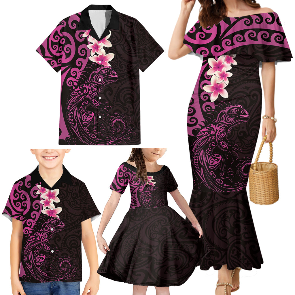 New Zealand Tuatara Plumeria Family Matching Mermaid Dress and Hawaiian Shirt Maori Pink Koru Tribal Tattoo