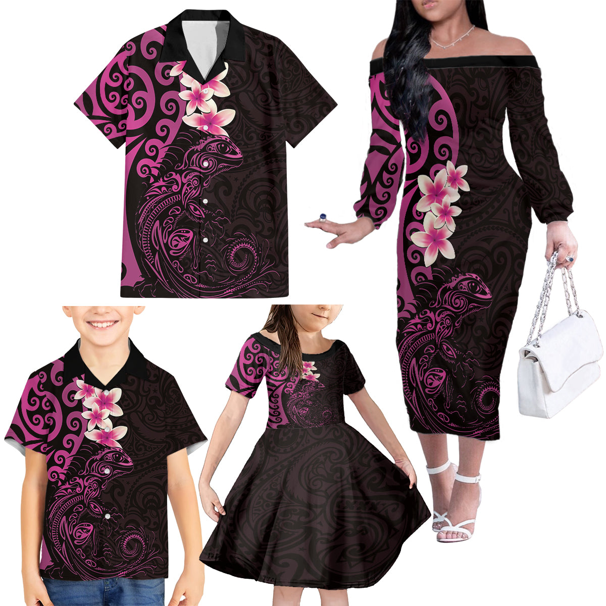 New Zealand Tuatara Plumeria Family Matching Off The Shoulder Long Sleeve Dress and Hawaiian Shirt Maori Pink Koru Tribal Tattoo LT01 - Polynesian Pride