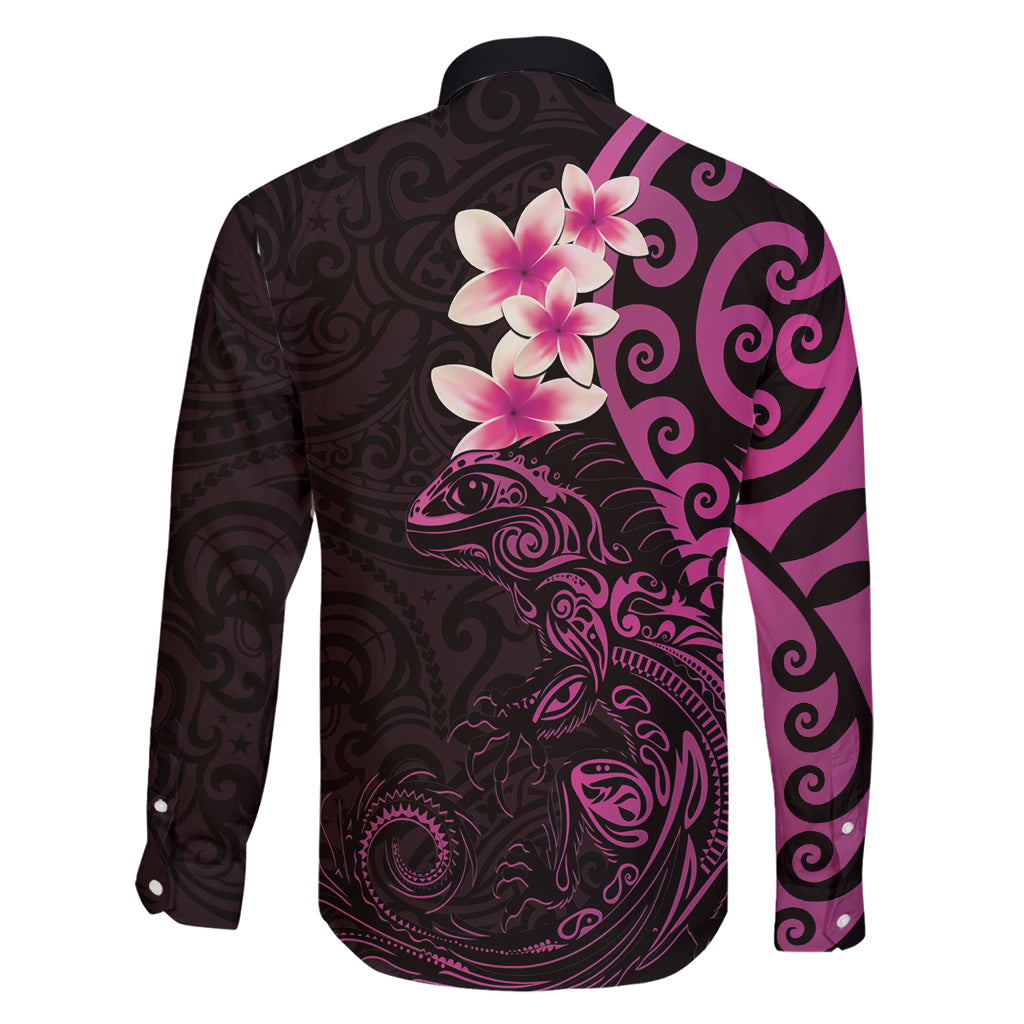 New Zealand Tuatara Plumeria Family Matching Off Shoulder Short Dress and Hawaiian Shirt Maori Pink Koru Tribal Tattoo