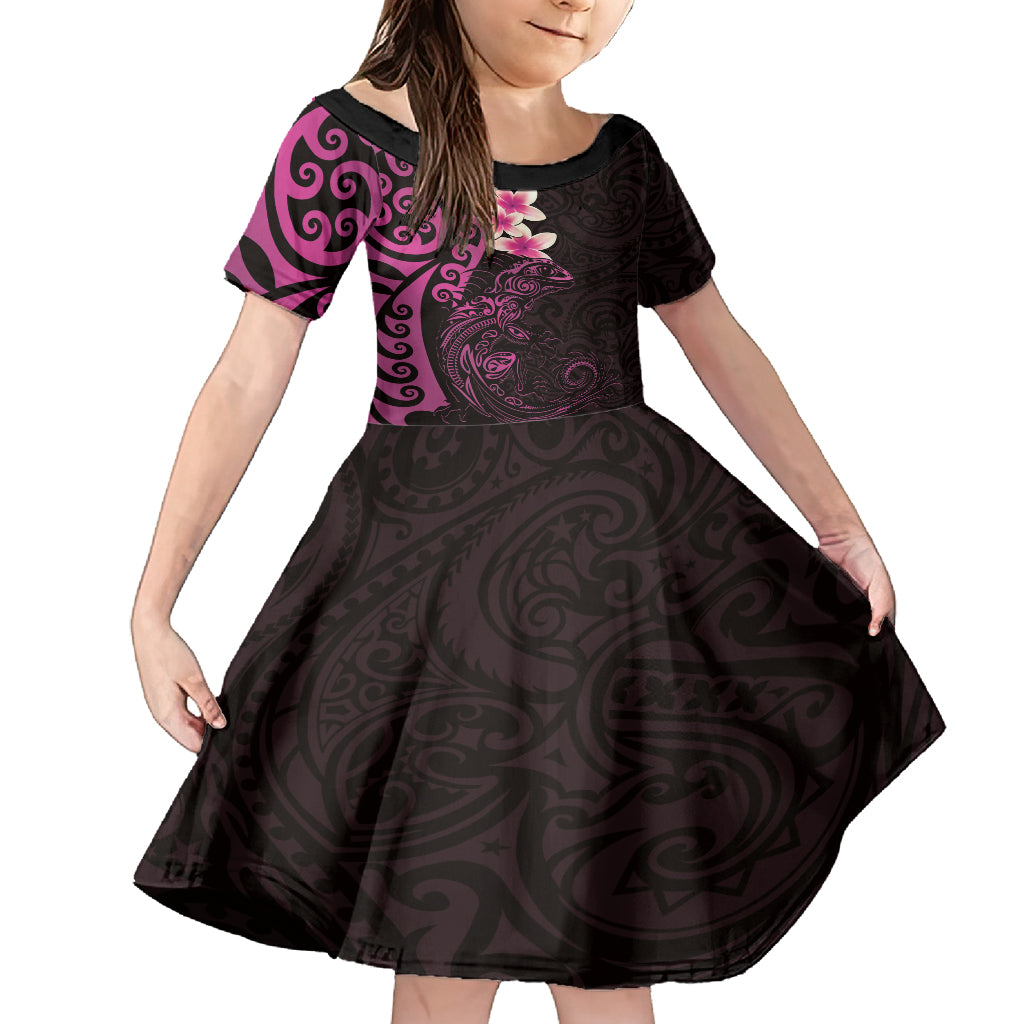 New Zealand Tuatara Plumeria Family Matching Tank Maxi Dress and Hawaiian Shirt Maori Pink Koru Tribal Tattoo