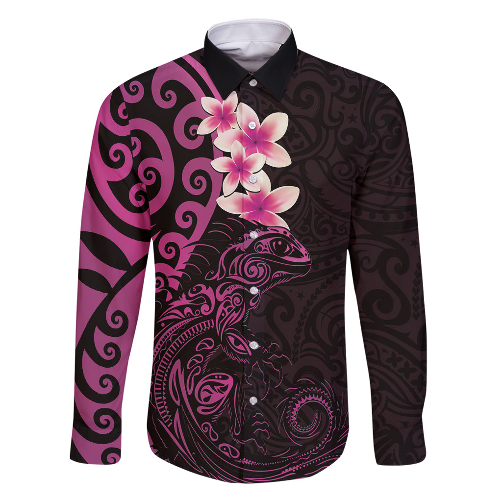 New Zealand Tuatara Plumeria Family Matching Tank Maxi Dress and Hawaiian Shirt Maori Pink Koru Tribal Tattoo