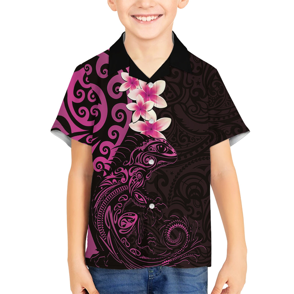 New Zealand Tuatara Plumeria Family Matching Tank Maxi Dress and Hawaiian Shirt Maori Pink Koru Tribal Tattoo