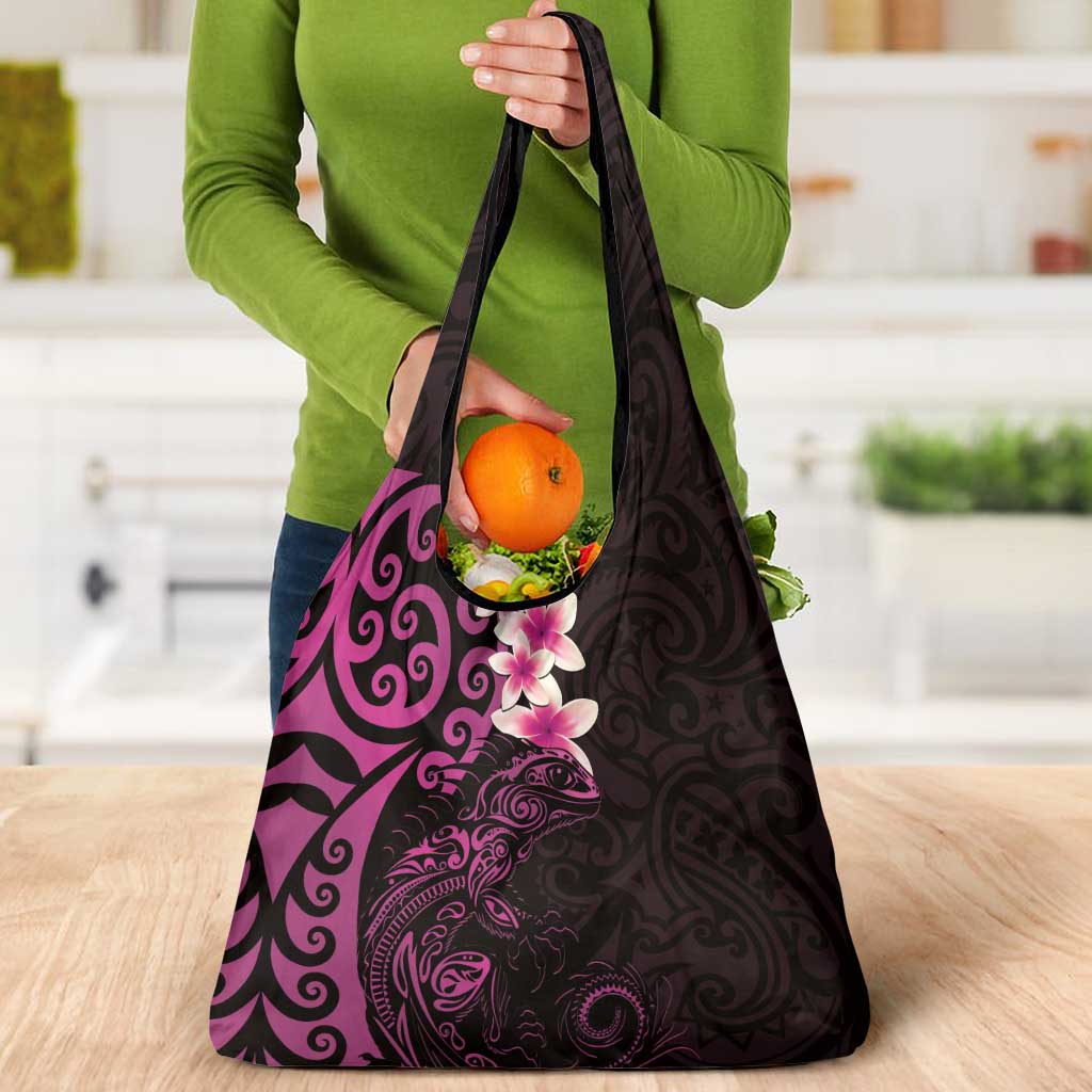 New Zealand Tuatara Plumeria Grocery Bag Maori Pink Koru Tribal Tattoo