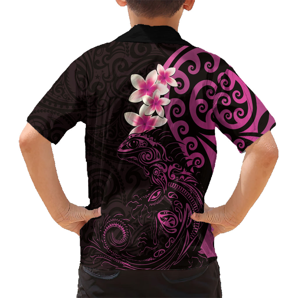 New Zealand Tuatara Plumeria Kid Hawaiian Shirt Maori Pink Koru Tribal Tattoo