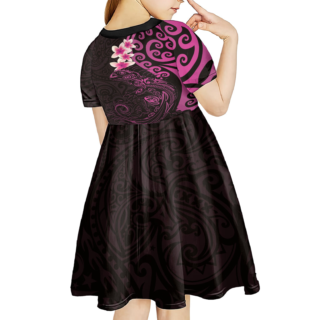 New Zealand Tuatara Plumeria Kid Short Sleeve Dress Maori Pink Koru Tribal Tattoo