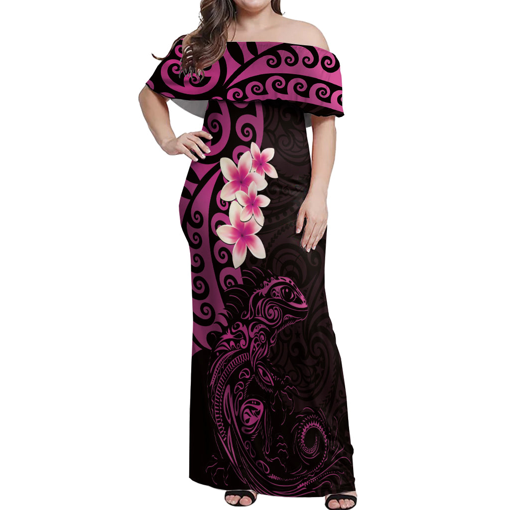 New Zealand Tuatara Plumeria Off Shoulder Maxi Dress Maori Pink Koru Tribal Tattoo