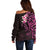 New Zealand Tuatara Plumeria Off Shoulder Sweater Maori Pink Koru Tribal Tattoo