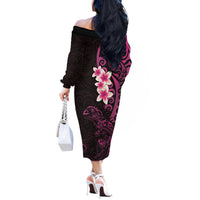 New Zealand Tuatara Plumeria Off The Shoulder Long Sleeve Dress Maori Pink Koru Tribal Tattoo