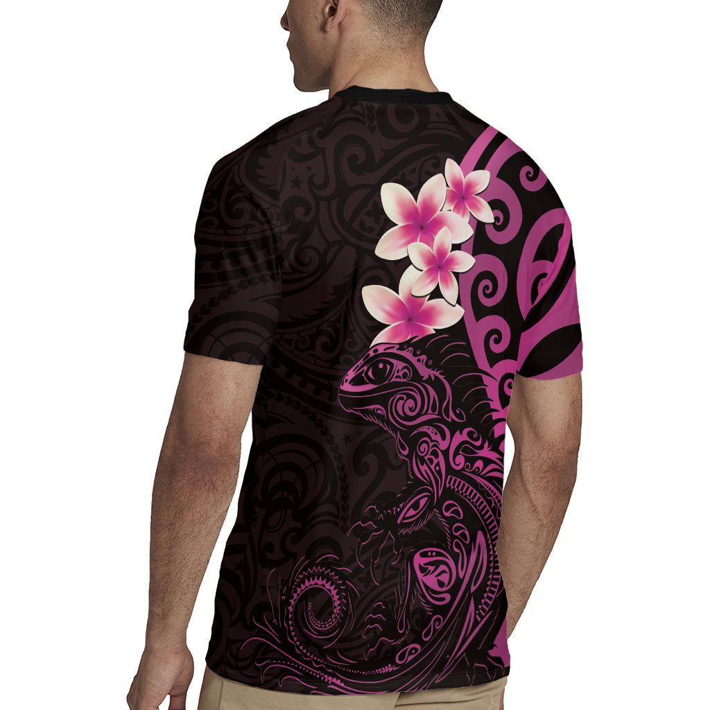 New Zealand Tuatara Plumeria Rugby Jersey Maori Pink Koru Tribal Tattoo