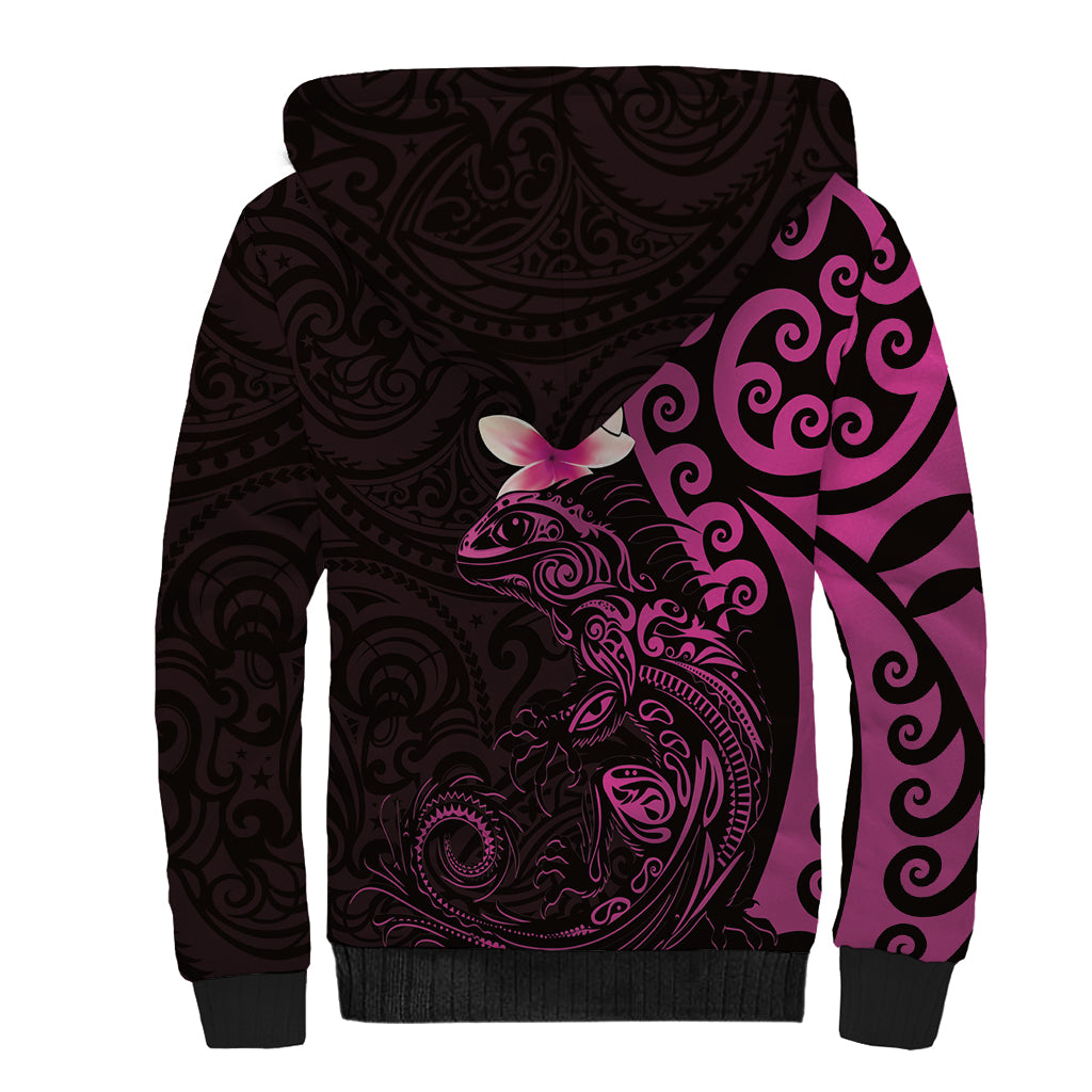 New Zealand Tuatara Plumeria Sherpa Hoodie Maori Pink Koru Tribal Tattoo