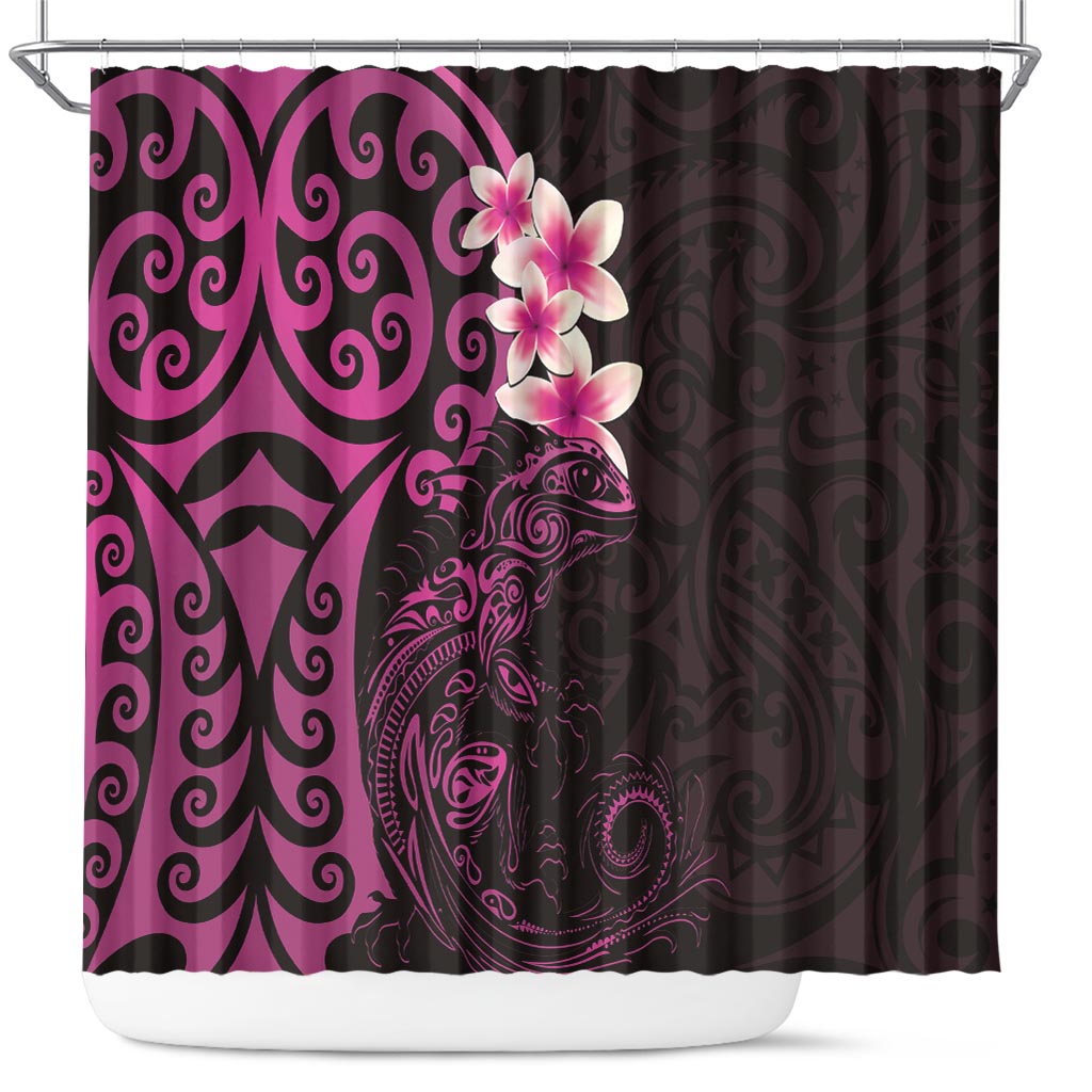 New Zealand Tuatara Plumeria Shower Curtain Maori Pink Koru Tribal Tattoo LT01 Pink - Polynesian Pride