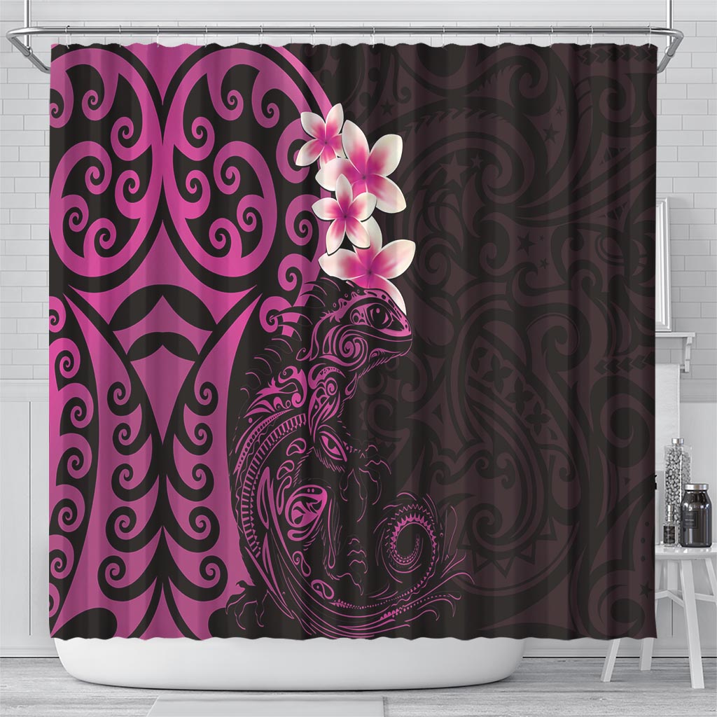 New Zealand Tuatara Plumeria Shower Curtain Maori Pink Koru Tribal Tattoo