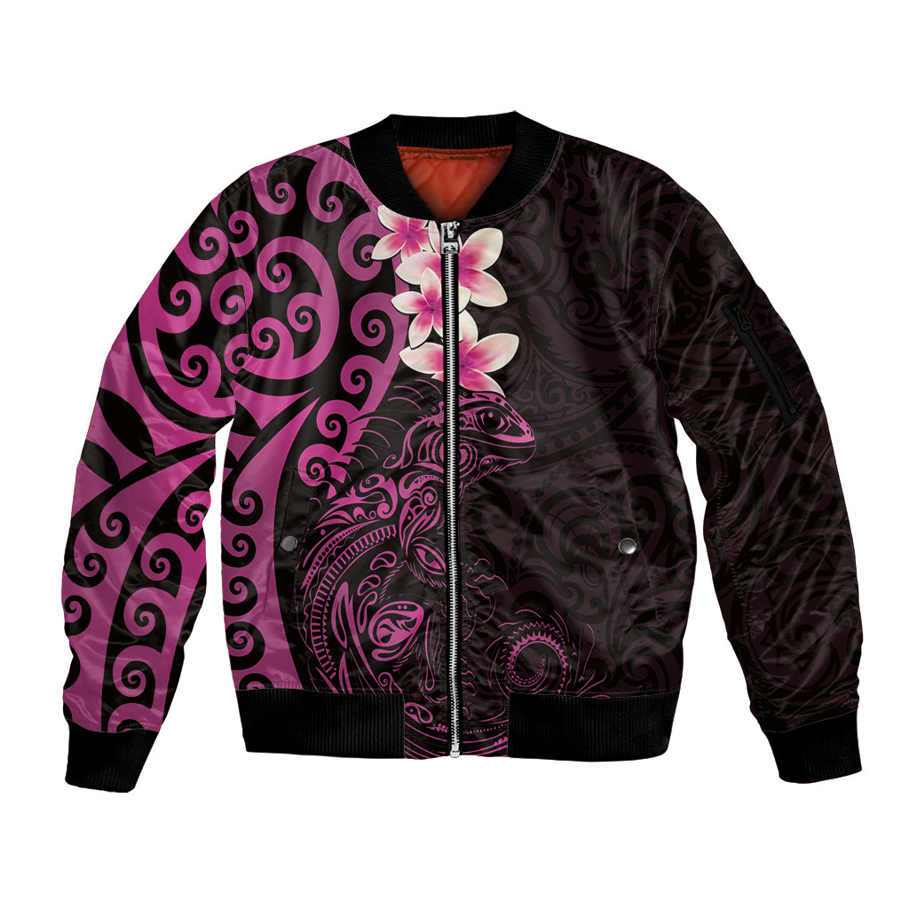 New Zealand Tuatara Plumeria Sleeve Zip Bomber Jacket Maori Pink Koru Tribal Tattoo