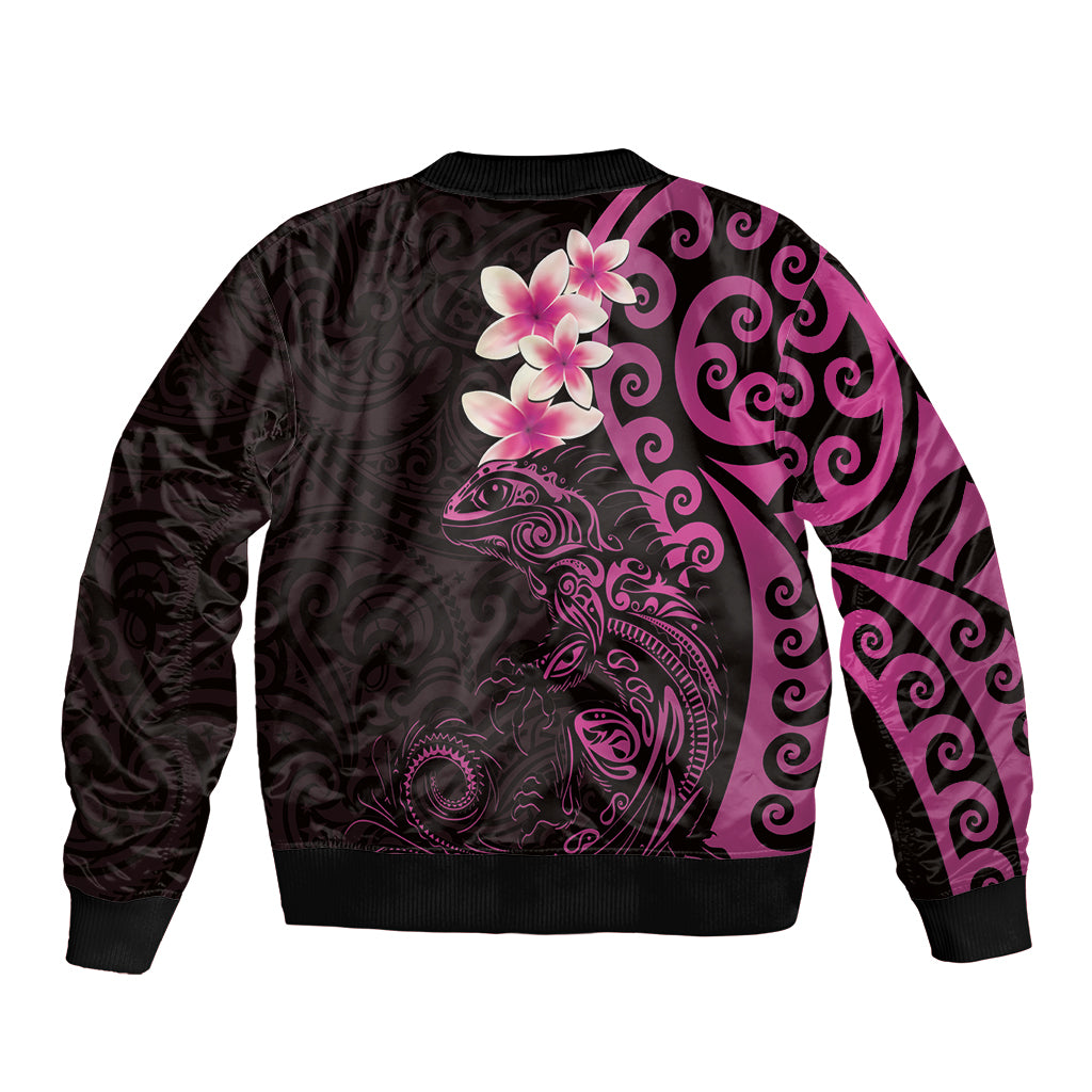 New Zealand Tuatara Plumeria Sleeve Zip Bomber Jacket Maori Pink Koru Tribal Tattoo