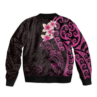 New Zealand Tuatara Plumeria Sleeve Zip Bomber Jacket Maori Pink Koru Tribal Tattoo