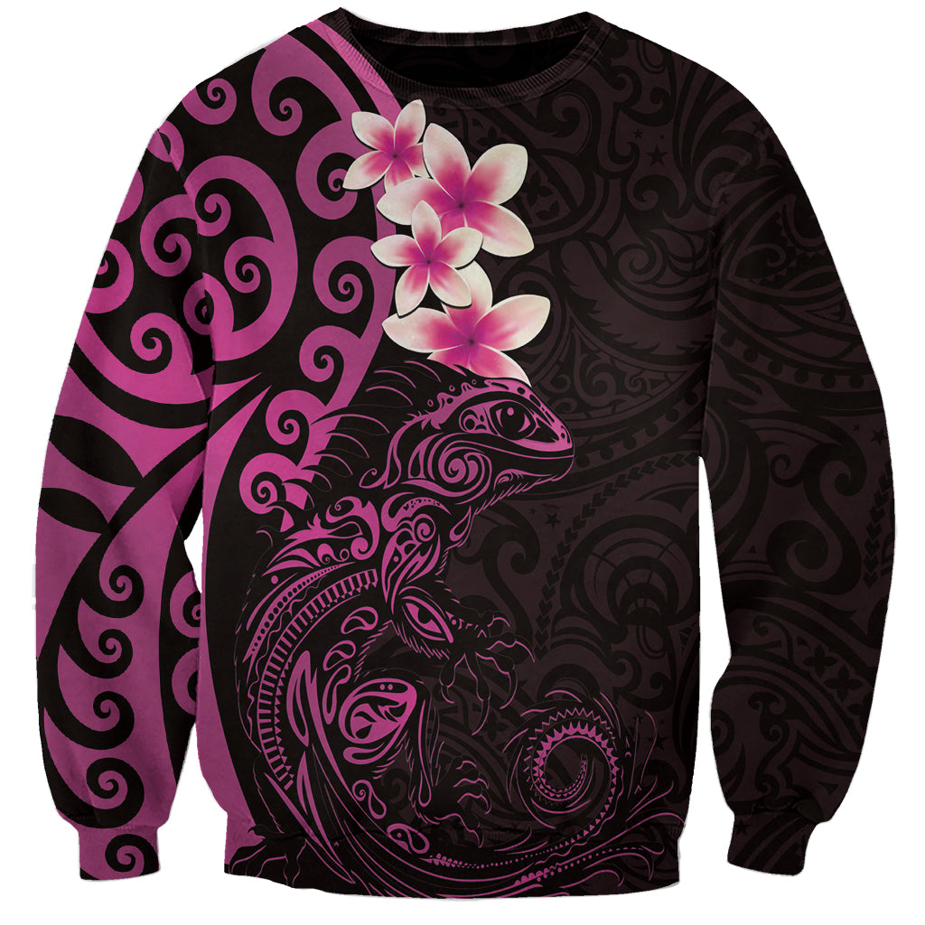 New Zealand Tuatara Plumeria Sweatshirt Maori Pink Koru Tribal Tattoo