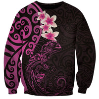 New Zealand Tuatara Plumeria Sweatshirt Maori Pink Koru Tribal Tattoo