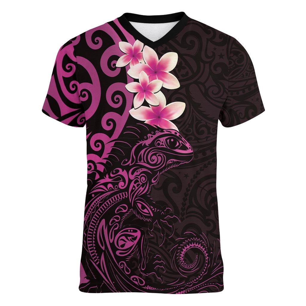 New Zealand Tuatara Plumeria Women V-Neck T-Shirt Maori Pink Koru Tribal Tattoo